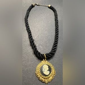 Vintage Cameo Choker Necklace Gold Tone Black Rope